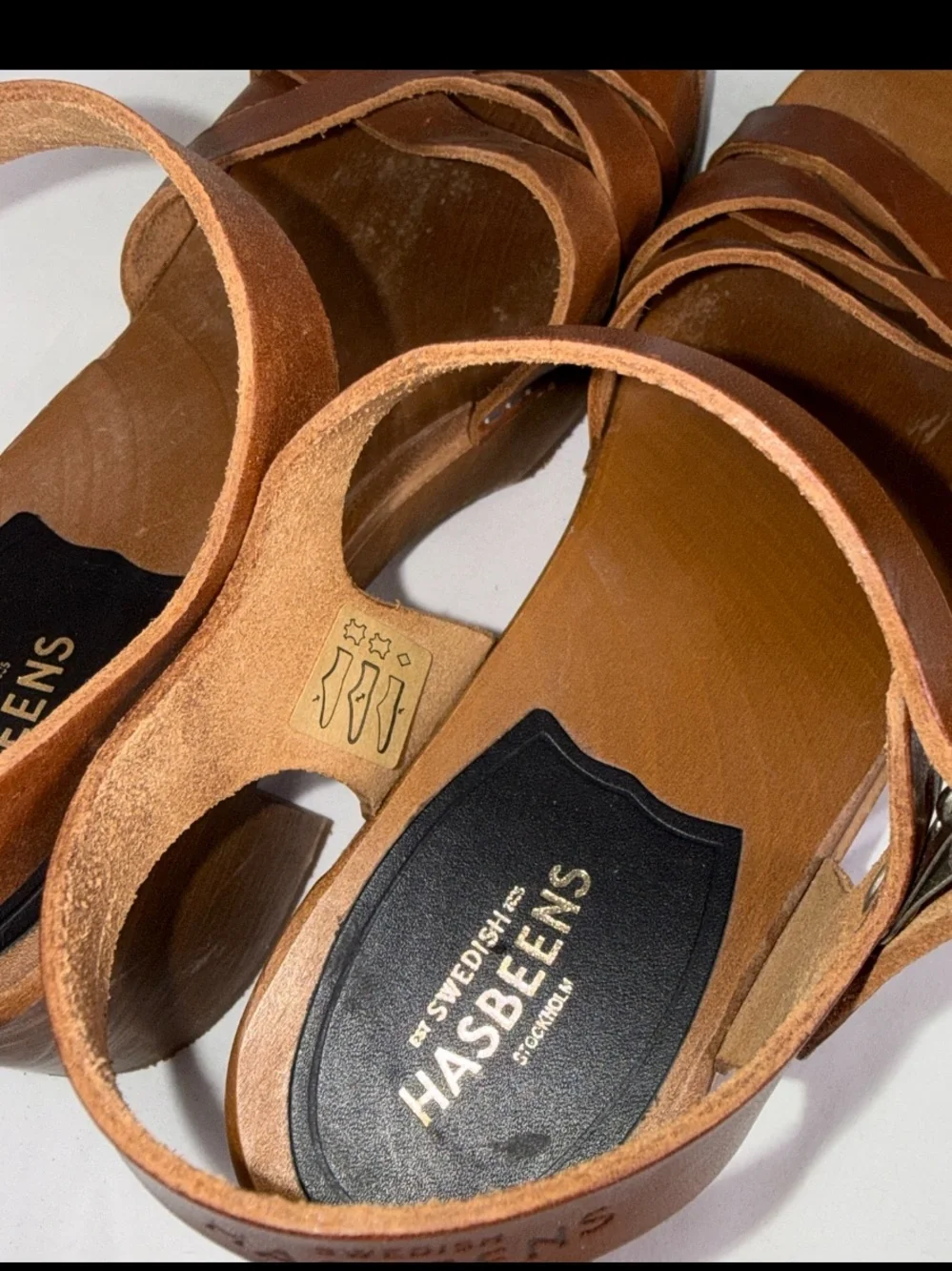 Swedish Hasbeens EU38 Clogs Sandals Cross Strap, Debutante Kringlan Heel Leather